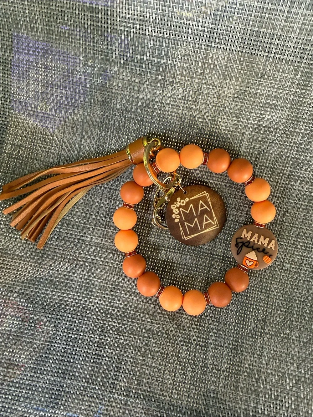 Mama Beaded Keychain Bracelet with Tassel - Orange
